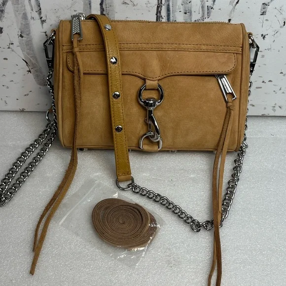 Rebecca Minkoff Mini M.A.C.Camel Suede & Leather Crossbody Bag w/a chain strap - Picture 1 of 12